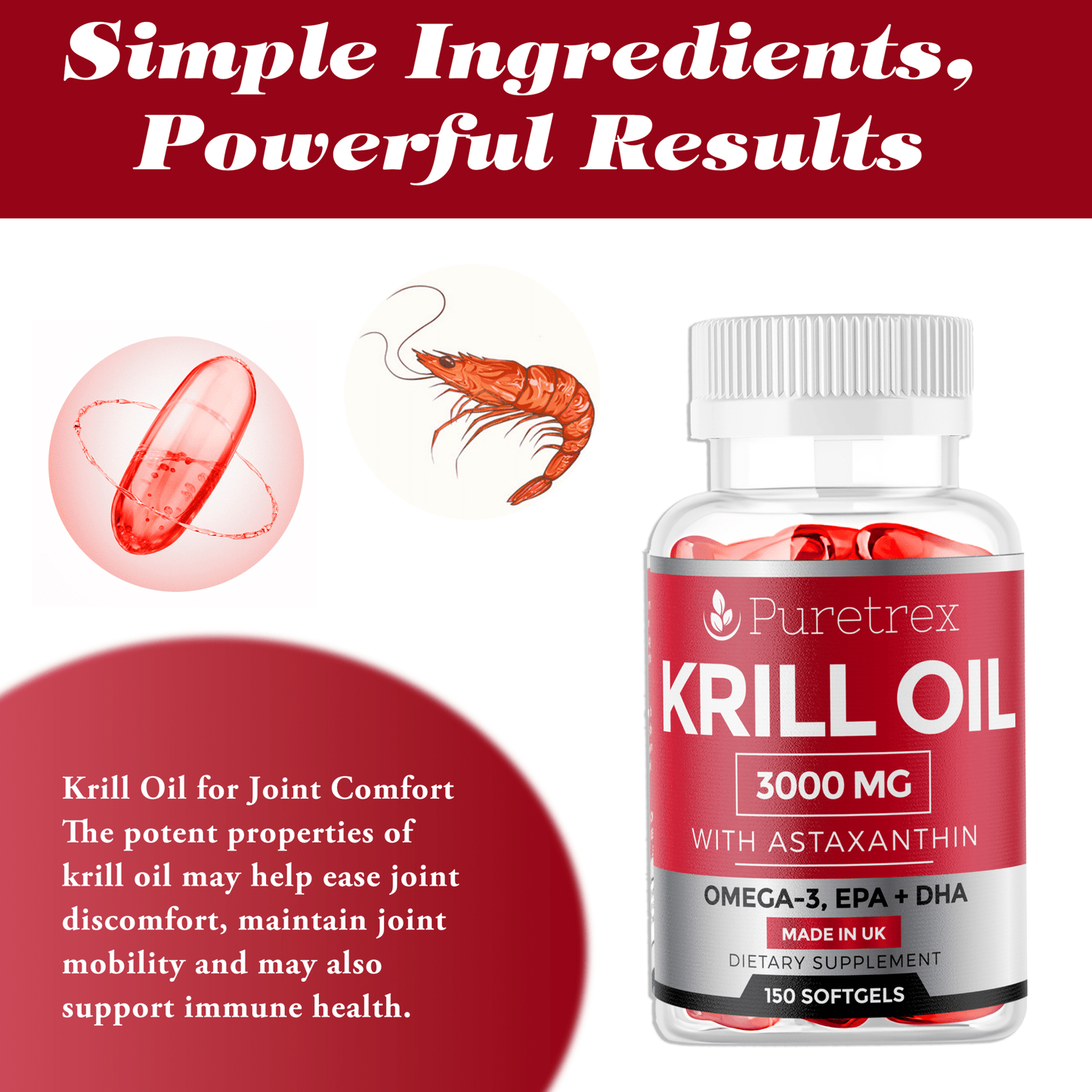 Red PURETREX Krill Oil softgels displayed in a clear dish, rich in Omega-3, EPA, DHA, and Astaxanthin.