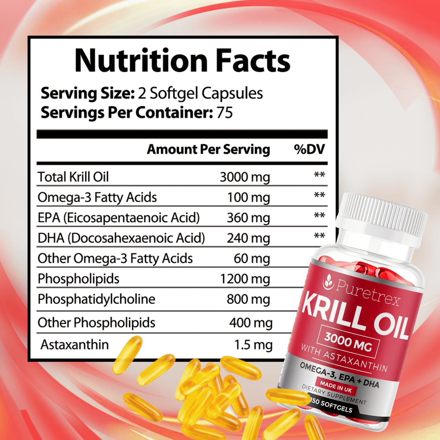 Close-up of PURETREX Krill Oil supplement facts label, highlighting ingredients and nutritional information.