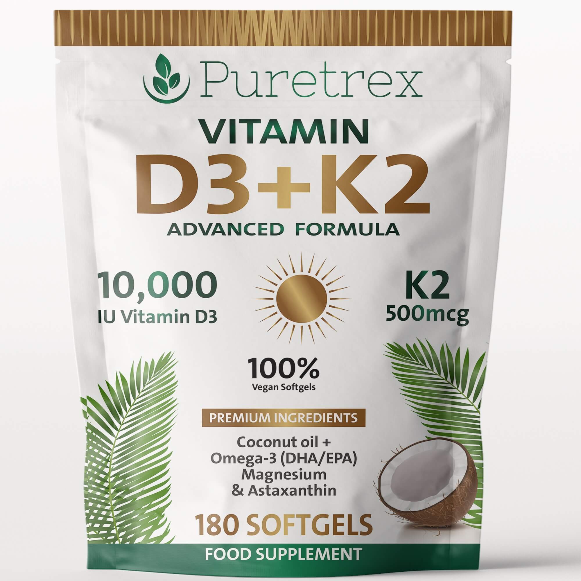 Vitamin D3 10,000 IU + K2 500mcg MK7 with Coconut Oil