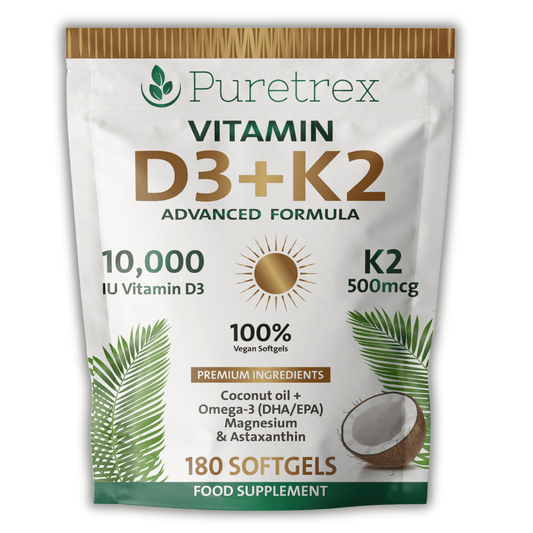 Vitamin D3 10,000 IU + K2 500mcg MK7 with Coconut Oil 180 Softgels