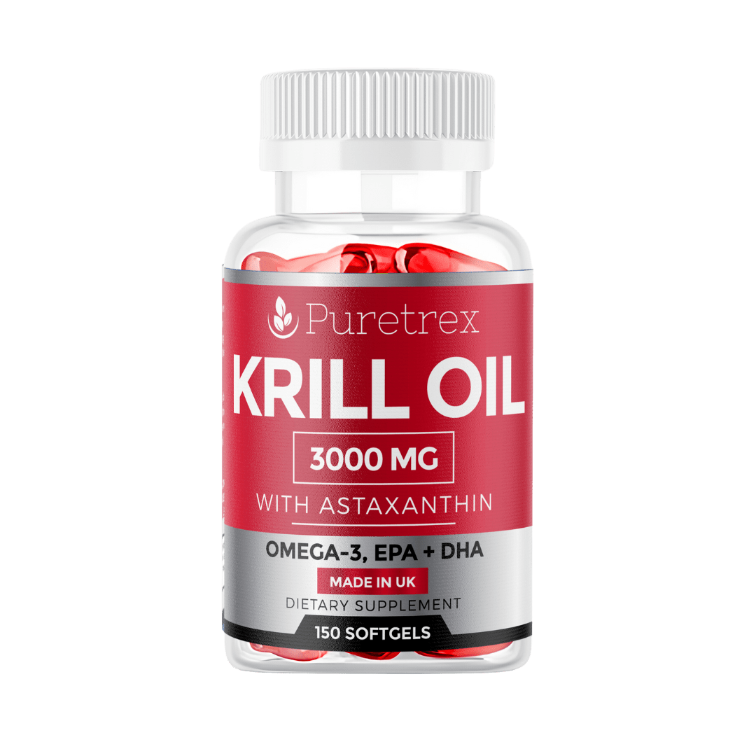 PURETREX Krill Oil 3000mg bottle with 150 softgels, featuring Astaxanthin, Omega-3, EPA, and DHA.