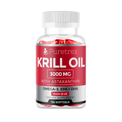 PURETREX Krill Oil 3000mg bottle with 150 softgels, featuring Astaxanthin, Omega-3, EPA, and DHA.